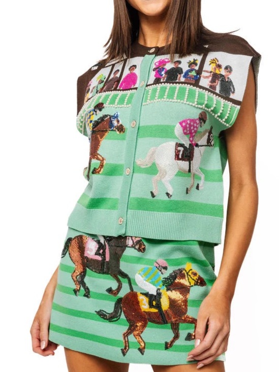 QUEEN OF SPARKLES Tops - QUEEN OF SPARKLES Mint Green Horse Racing Knit Muscle Tee